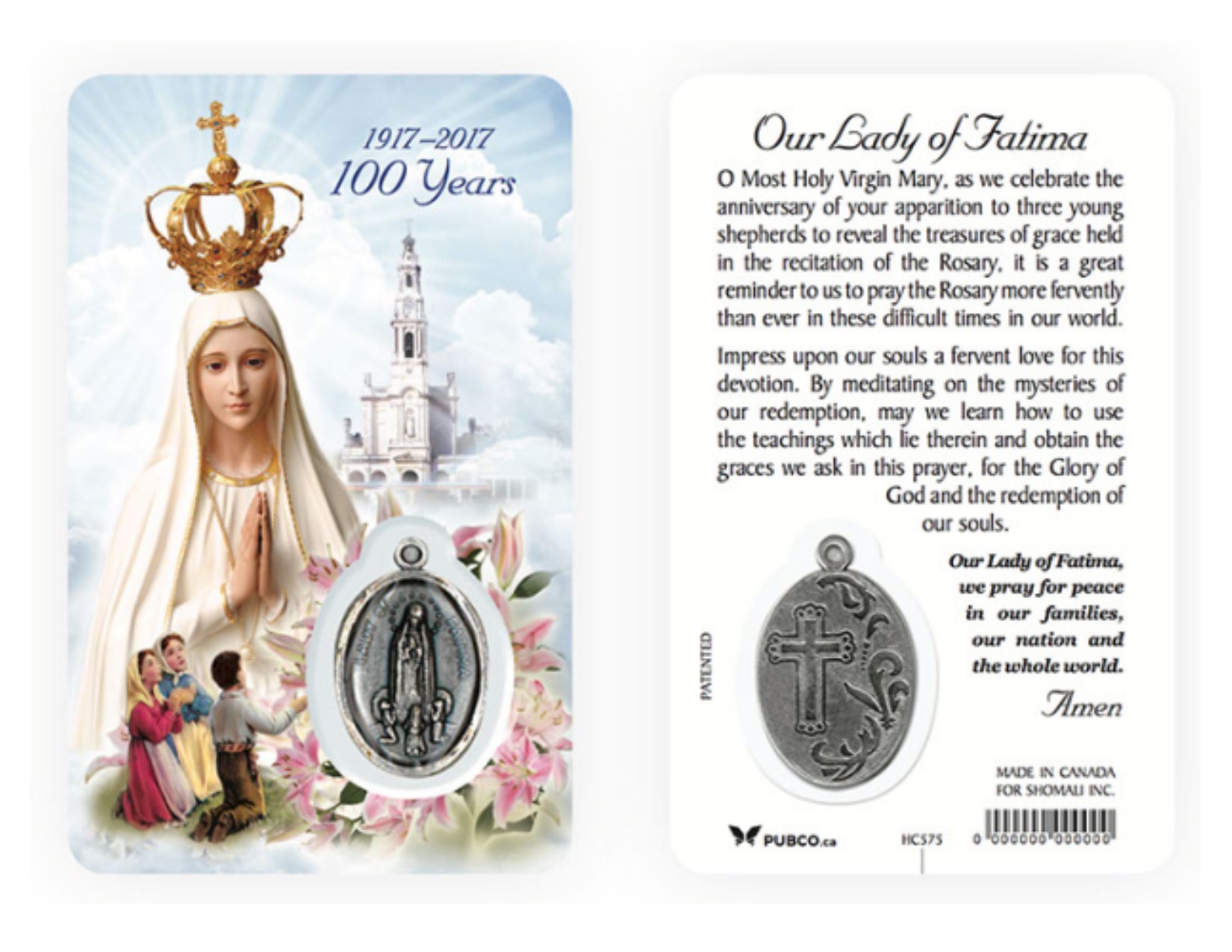 PRAYER CARD MARY OUR LADY OF FATIMA ANNIVERSARY WITH MEDAL MPNHC575