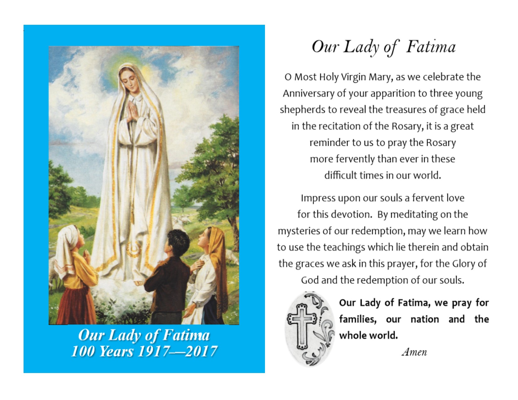 Prayer Card Mary Our Lady Fatima Anniversary 100pkg MPNFAT10017BCRS